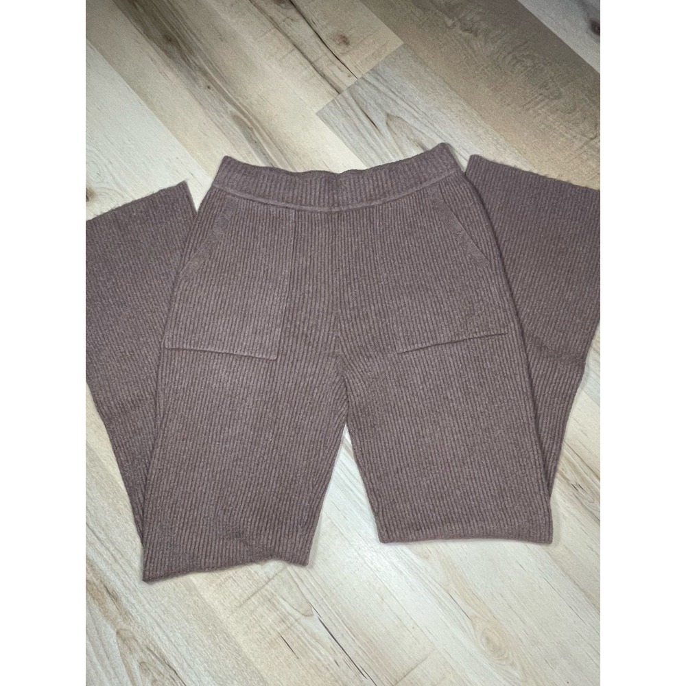 Athleta‎ Cozy Rib Knit Pants Brown Wide Leg Lounge Stretch Pockets Small